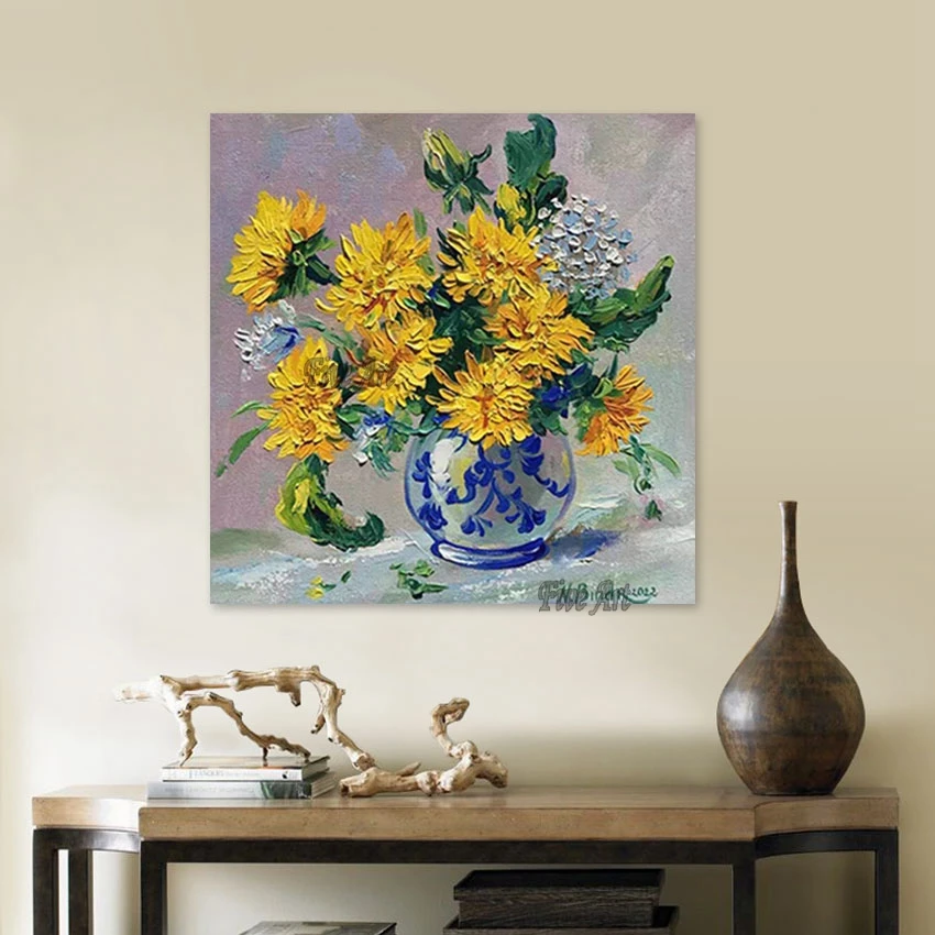 ديكورات الحائط لغرفة المعيشة لوحة سكين زهرة صفراء الحديثة قماش زهرة زهرية النفط اللوحة الفنية صور اليدوية