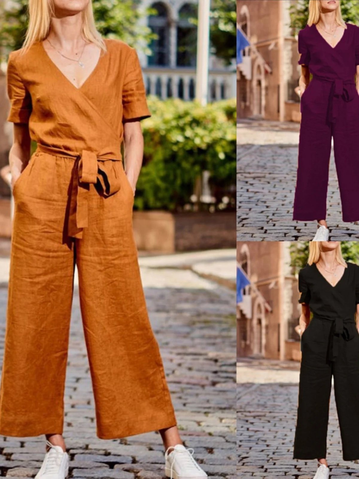 

Women's Summer Casual ort Sve Jumpsuit Long Pants Comfortable Wide Leg Pants mid Waist Design ket Detail
