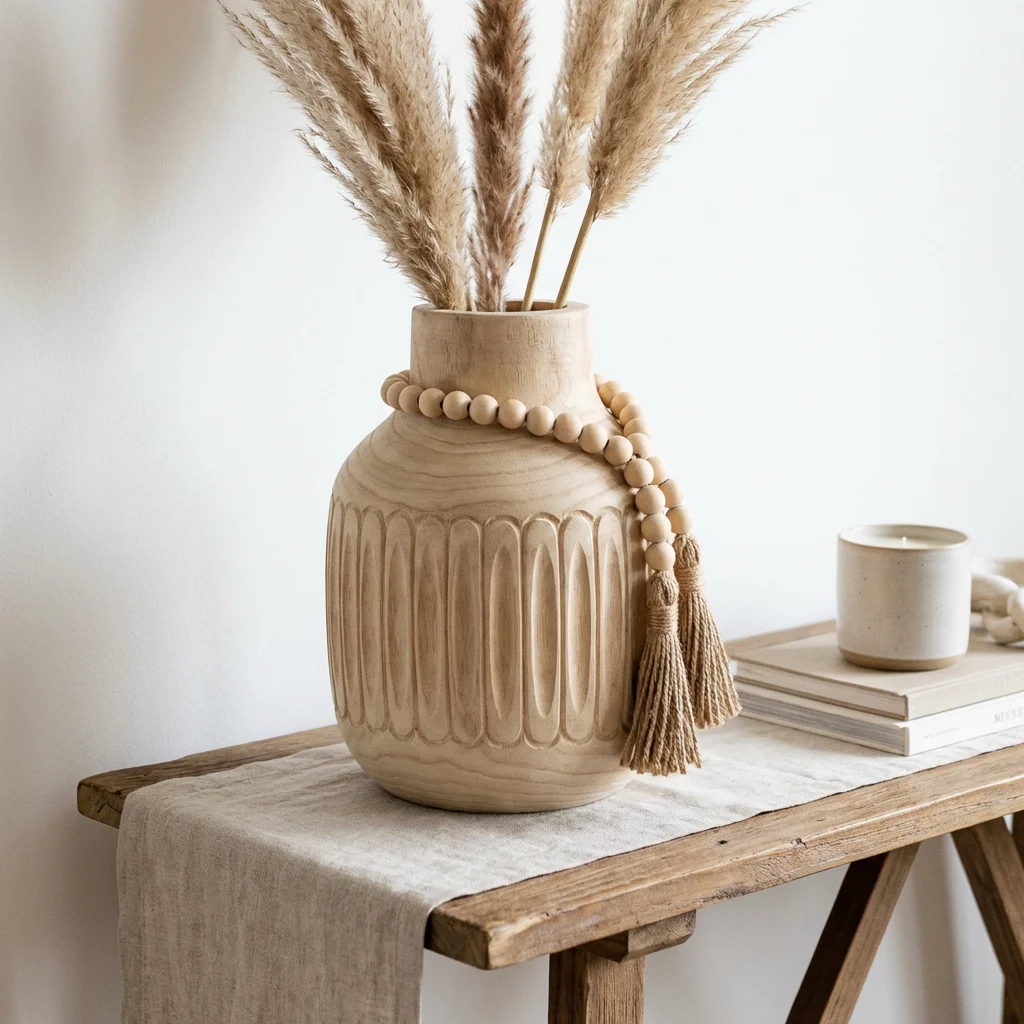 Style Rustic style Paulownia wood vase with decorative bead tassel, farmhouse dining table ornament