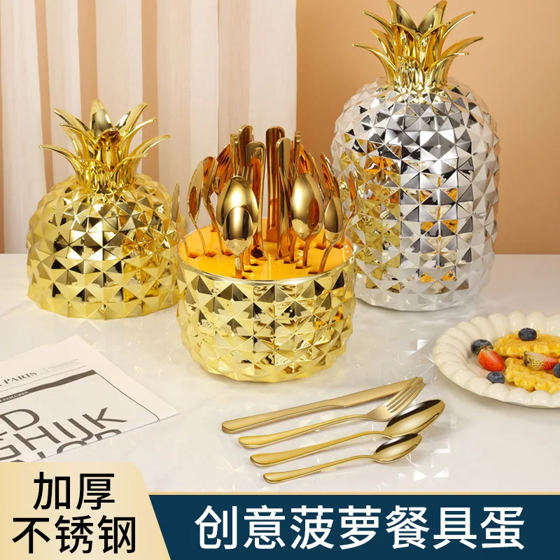Premium Pineapple Silverware Set 24 Piece Stainless Steel Cutlery Flatware Gift Box Luxury Kitchen Dining