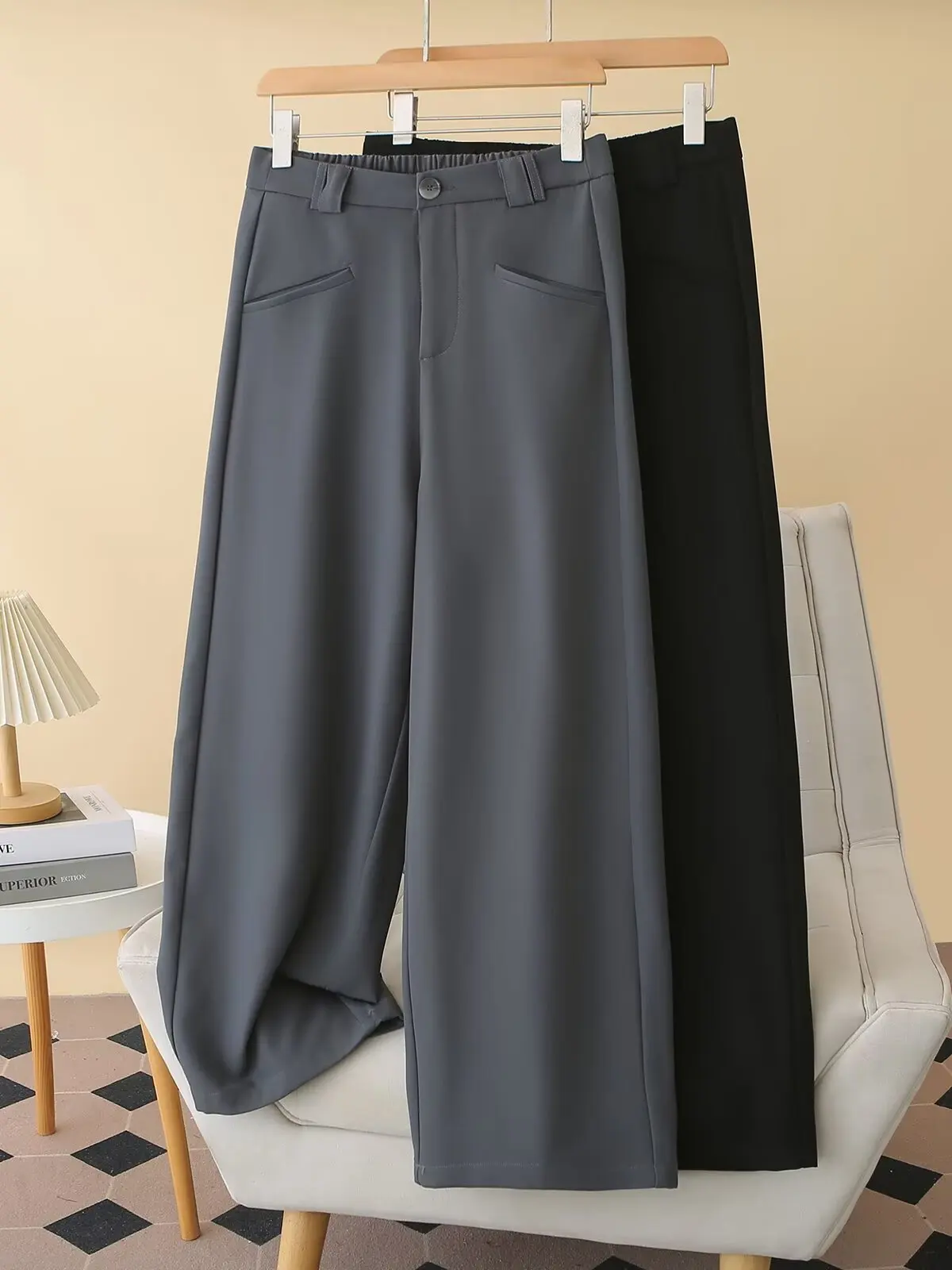 High Waist plus Size Women's Straight Leg Suit Pants Elastic Waist Versatile Slimming Wide Leg Trousers Korean Style Spring S...