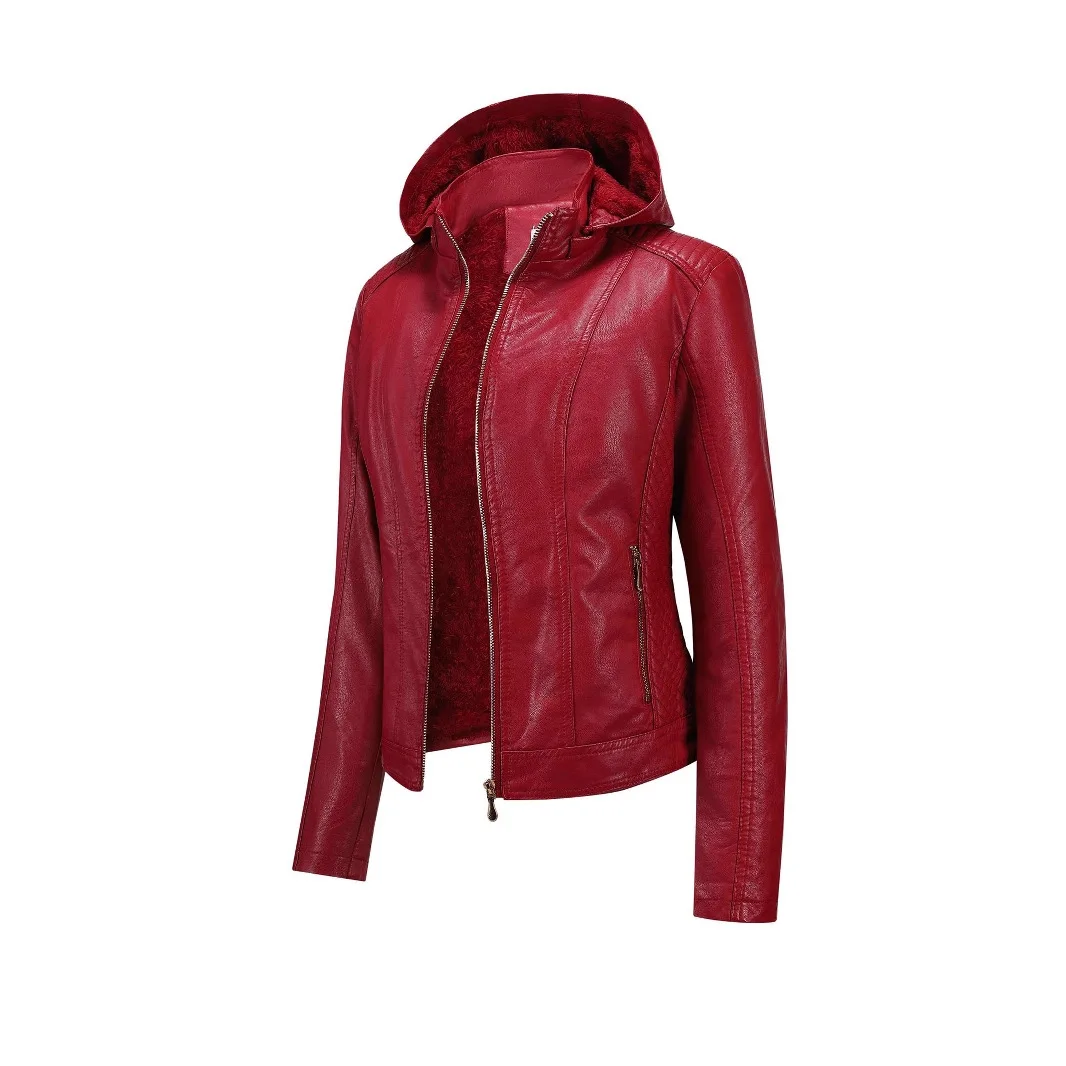 Women Hooded PU Lacket Fashion Slimming Fit Thickened Coat with Hat Autumn Winter Collection Zipper Style Leather Clothing