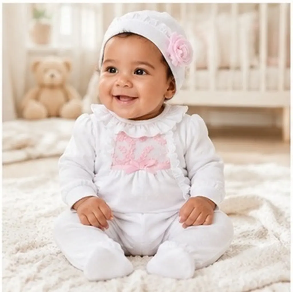 Long Sleeve Baby Jumpsuit with Hat Adorable Cotton Outfit for Newborn Infant Photography Party Beach Home Wear 59Cm White