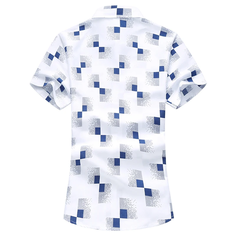 Summer Men\'s Geometric Plaid Printed Hawaiian Vacation Short Sleeve Shirts Camisa Masculina Male Brand Casual Shirt 5XL 6XL 7XL