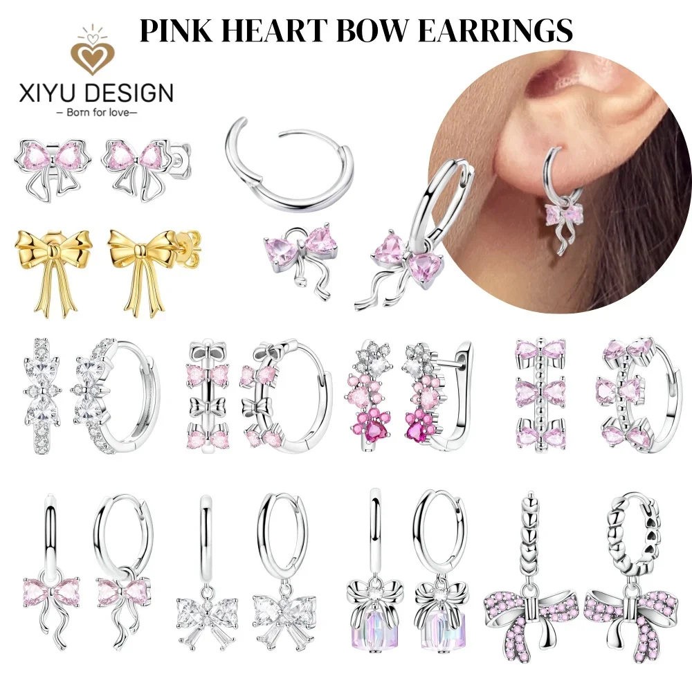 

Classic Romantic 925 Silver Pink Heart Zircon Bow Hoop Earring for Woman Eardrop Original Earring Fine Jewelry Birthday Gift