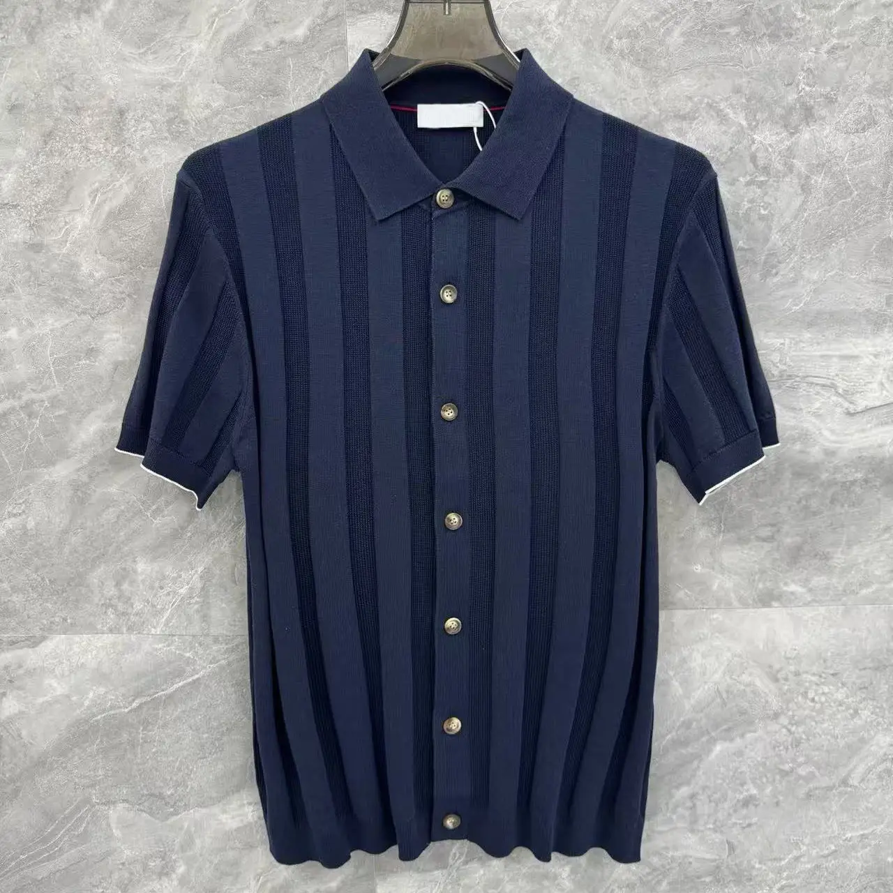 Italian gentleman vertical pit strip knitted cardigan short-sleeved men's breathable lapel polo shirt