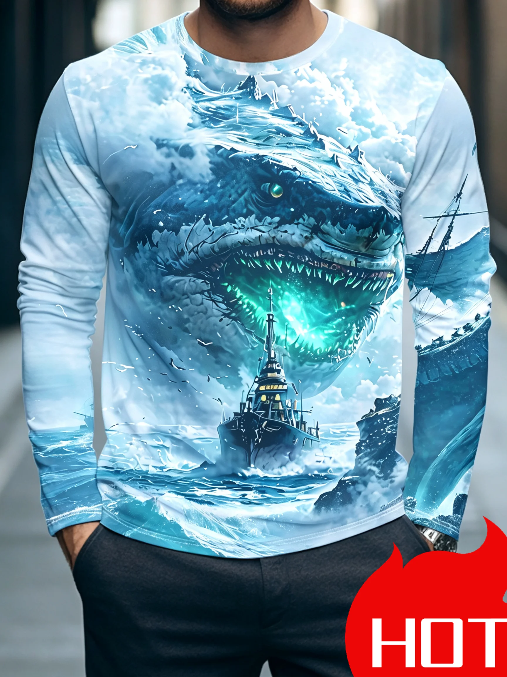 Giant Ocean Beast Printed Long Sleeve T-shirt With Terror Navigation Pattern Men's Casual Street Wear Cool Pirate Ship Style Top
