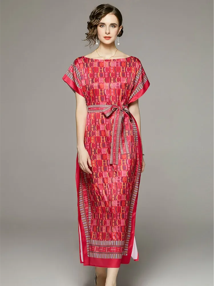 New Fashion Letters Print Red Vintage Maxi Dress Women Long Sleeve Turn Down Collar Belt Lace Up A Line Party Robe Vestidos