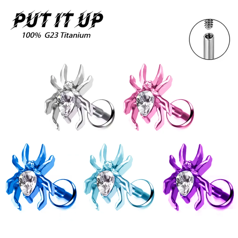 PUTITUP F136 سبائك التيتانيوم عالية الجودة الكلاسيكية بأكسيد زركونيا العنكبوت موضة هالوين هدية هيئة ثقب المجوهرات