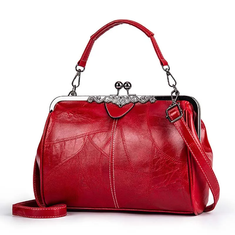 Duża pojemność Kiss Lock Oil Wax PU Leather Handbag Women Waterproof Tote Bags Crossbody Purse Vintage Messenger Purse Bag Tote