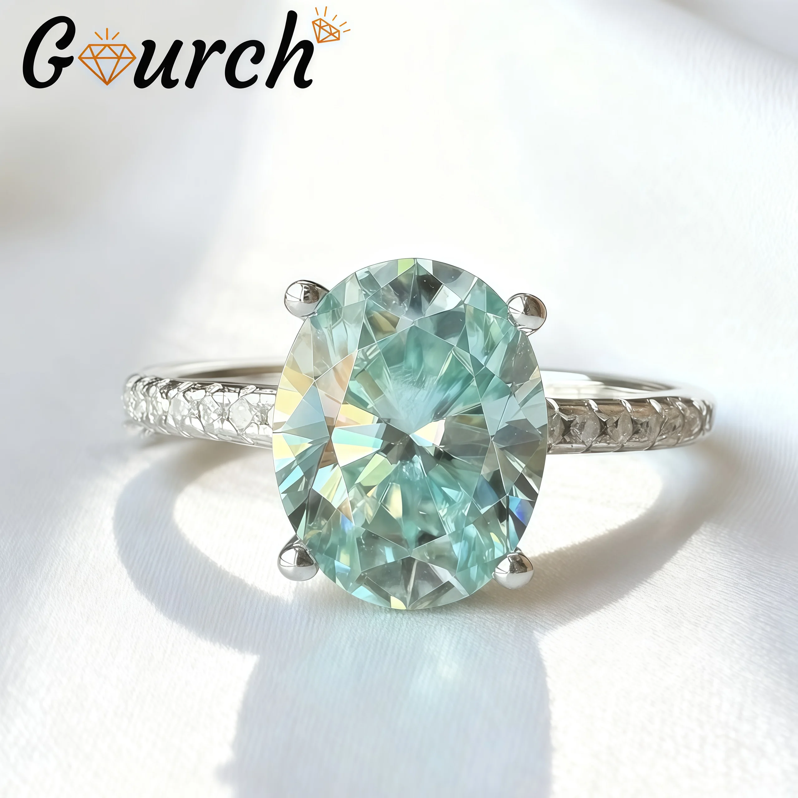 Gourch Elegant 1/2CT Medium Blue Oval Moissanite Ring D Color VVS1 S925 Sterling Silver Anniversary Party Jewelry Gift for Women