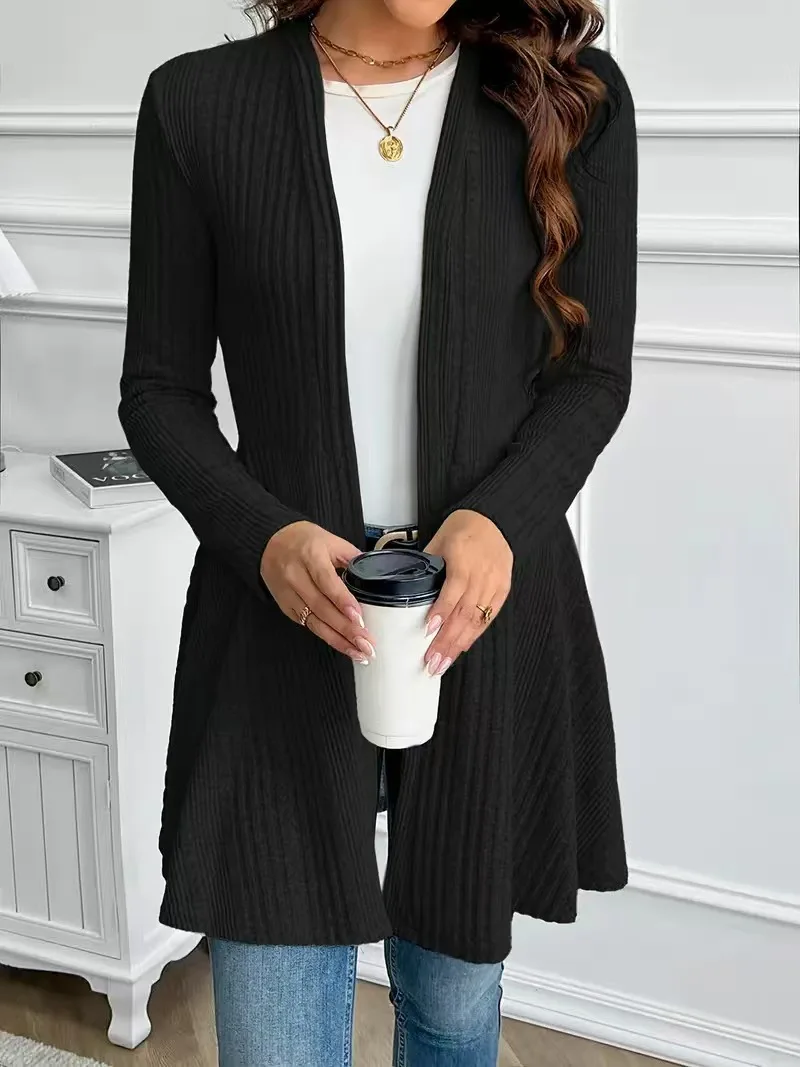 Schwarzer gerippter Strick-Cardigan für Damen, vorne offen, langärmlig, A-Linie, mittellang, lässige, lockere Oberbekleidung für Frühling und Herbst – Detail 5