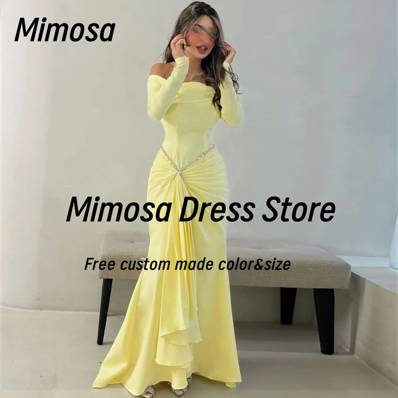 ميموزا قارب الرقبة فساتين لحضور الحفلات الموسيقية طويلة الأكمام فساتين السهرة الديكور وشاح Ruched Vestidos Des حفلة ملابس العروس فستان مخصص