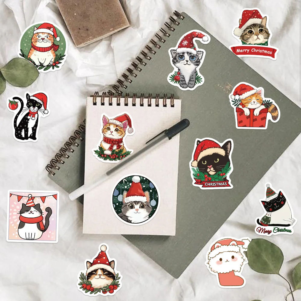 50pcs Cute Christmas Cat Graffiti Stickers Aesthetic DIY Luggage Bike Phone New Year Gift Decoration Sticker Toy
