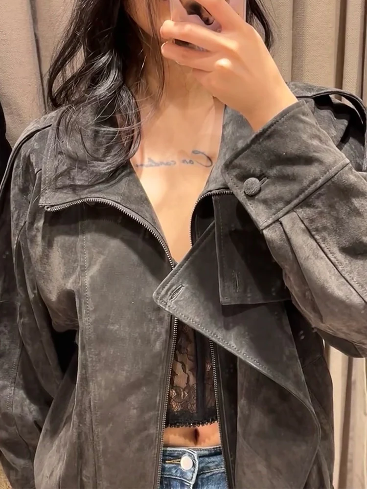 

Повседневные шикарные замшевые куртки женские с длинным рукавом на пуговицах и молнии, оверсайз пальто, модные уличные пальто Весна 2026