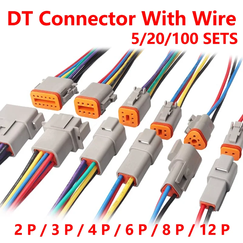 5/20/100ชุด DT06ชุด2/3/4/6/8Core12Pin ชุดขั้วต่อ Deutsch DT กันน้ำซ็อกเก็ตปลั๊กพร้อมสายไฟ15ซม.