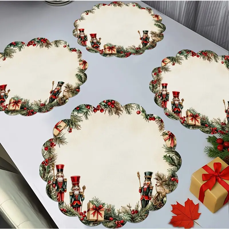 VIKAMA Nutcracker Soldier Gift Box Wreath Placemat Cream Canvas Petal Edge Red Uniform Present Fir Branch Xmas Table Mat Trendy