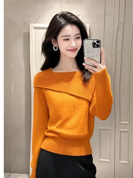 Faionable oulder Bared Long Sve pull tricoté col haut Ele Sle automne hiver femmes doux laine mélange tricots