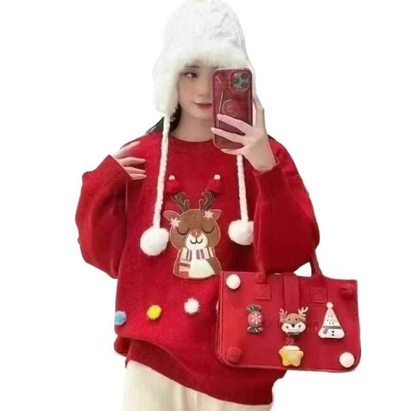 

Christmas Large Size Printing Knitted Sweater for Women Autumn New Style Fashionable Warm Loose Thickened Commuting Pullover