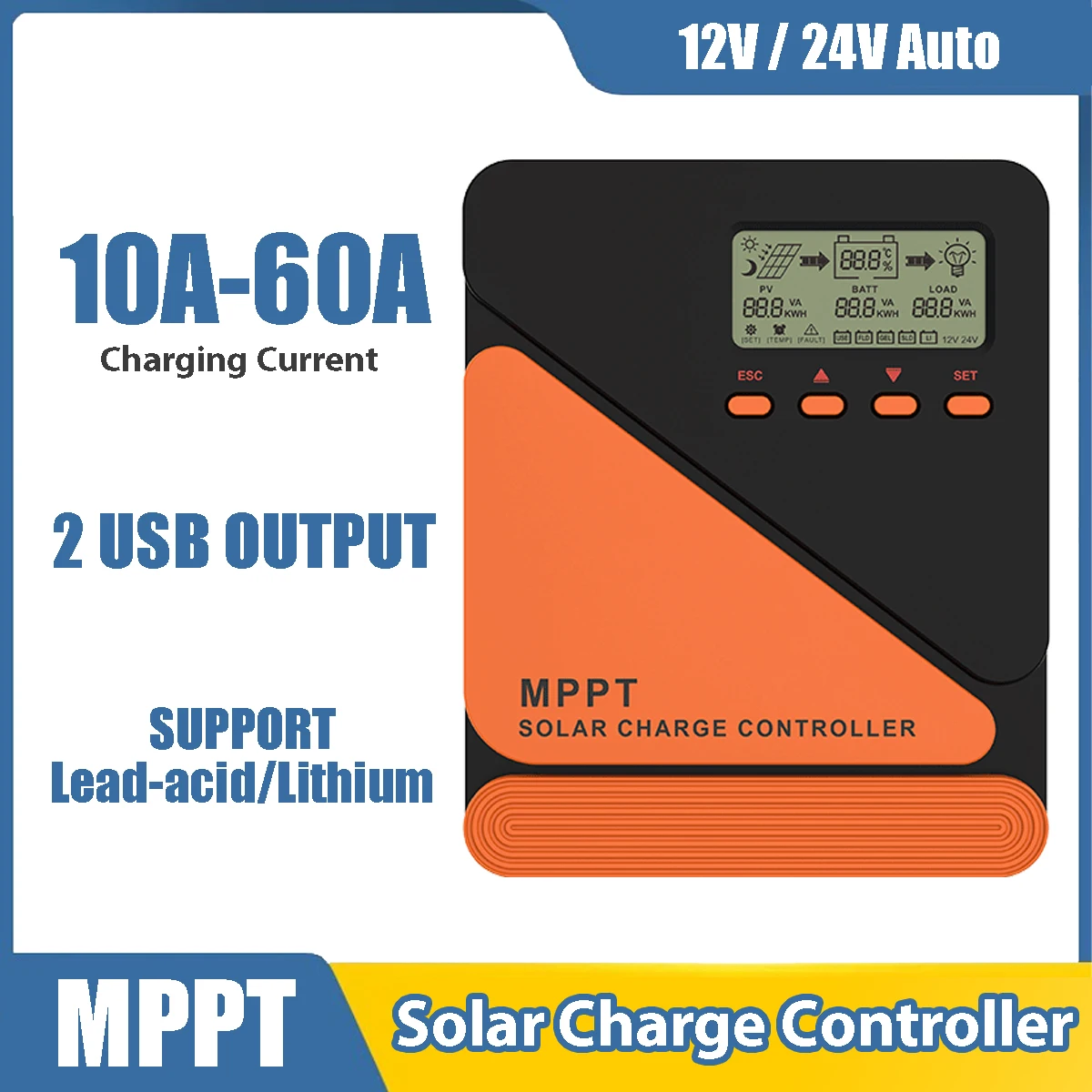 MPPT Solar Charge Controller 10A 20A 40A 60A PV Panel Charger Regulator 12V 24V Battery Auto Support Lithium Max 50V 100V PV