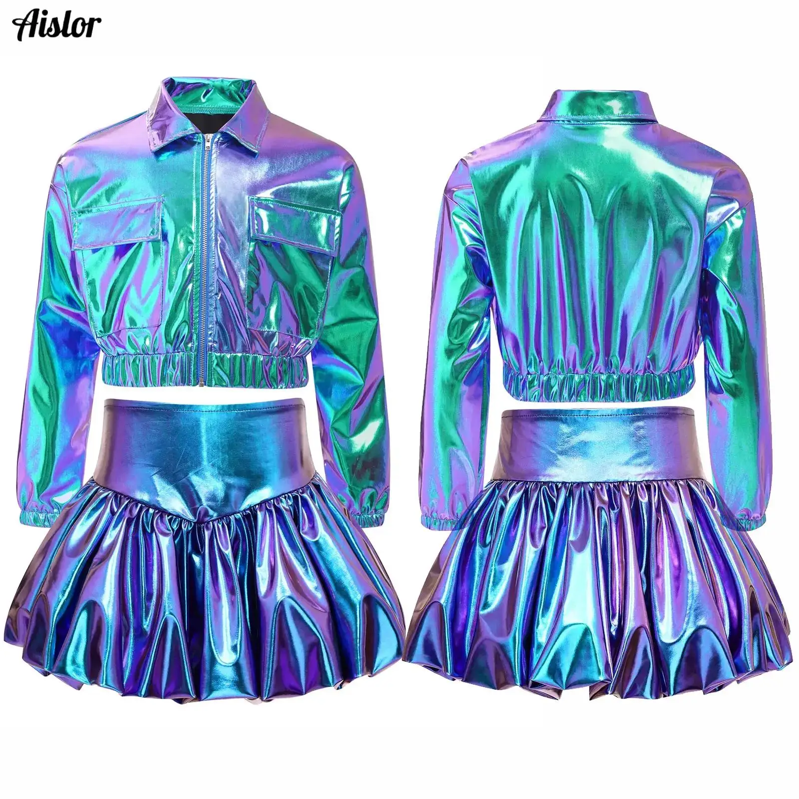

Kids Girls 70s Disco Set Costume Jazz Dance Performance Outfits Shiny Sequin Long Sleeve Top with Tiered Ruffled Skirts Sets