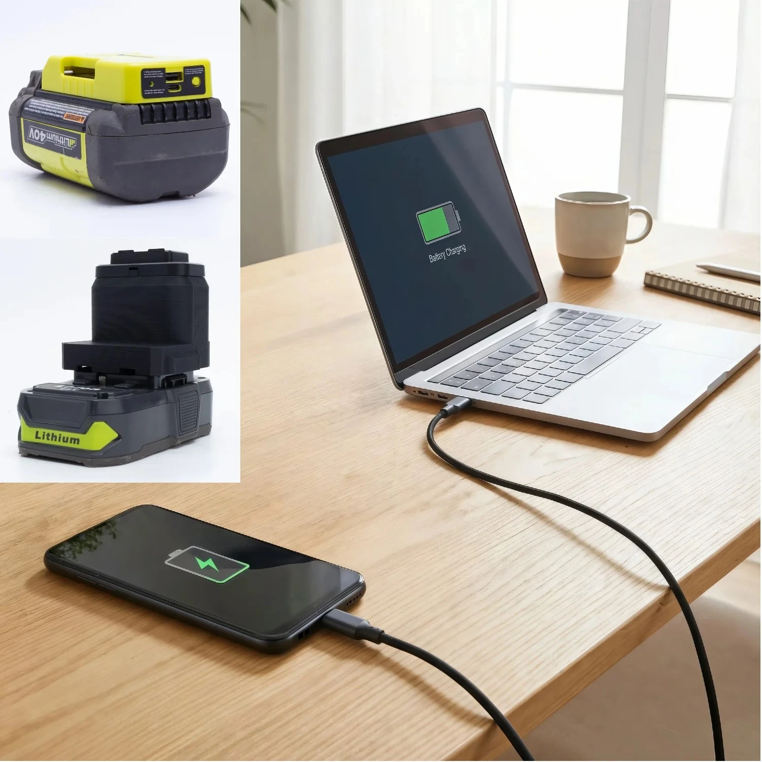 

Портативный мобильный блок питания для литиевой батареи Ryobi 18 В ONE +/Ryobi 40 В с держателем выходного USB Type-C, быстрая зарядка (без батареи)