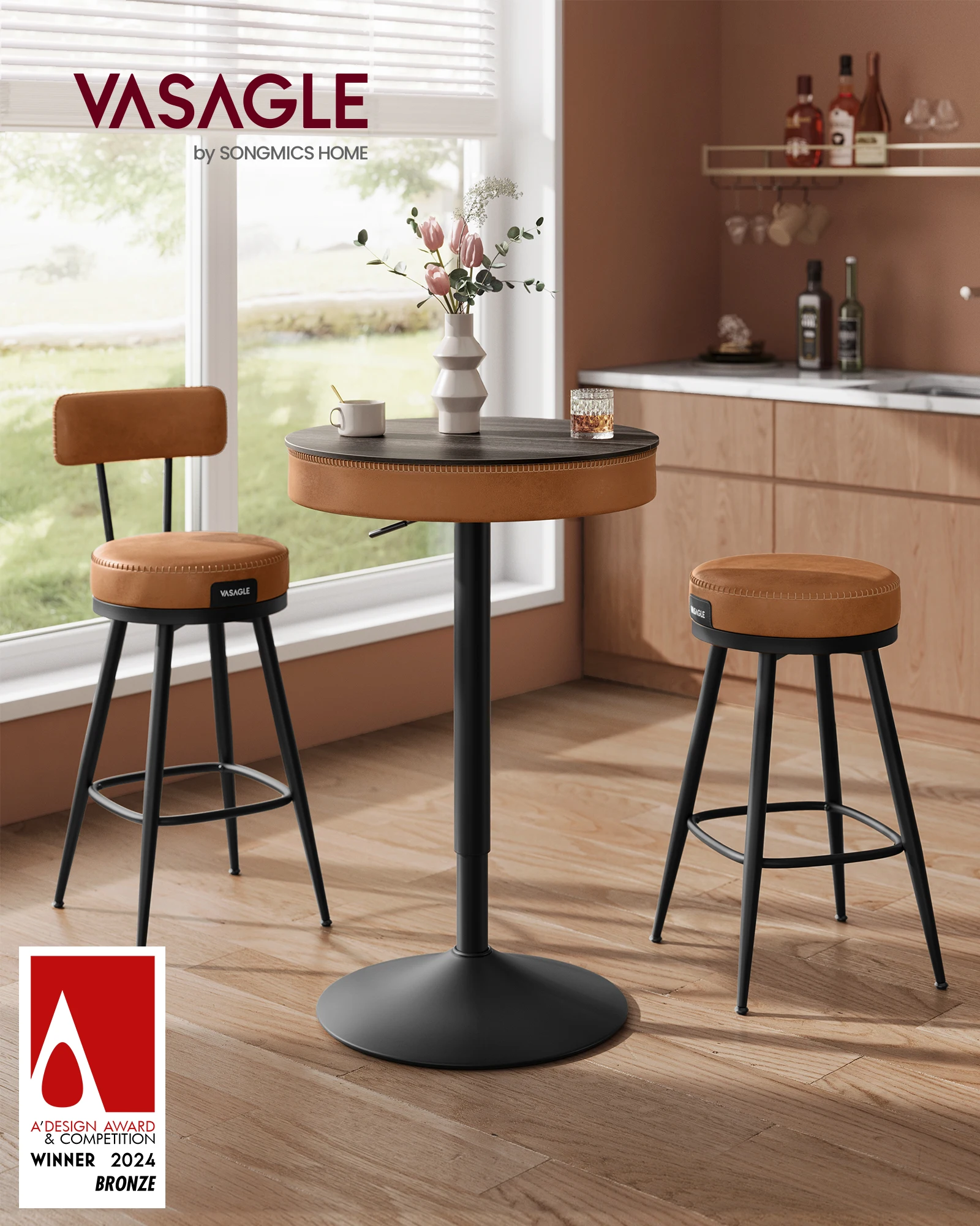 VASAGLE EKHO Collection - Height Adjustable Bar Table, Round High Pub Table with Storage, Synthetic Leather with Stitching