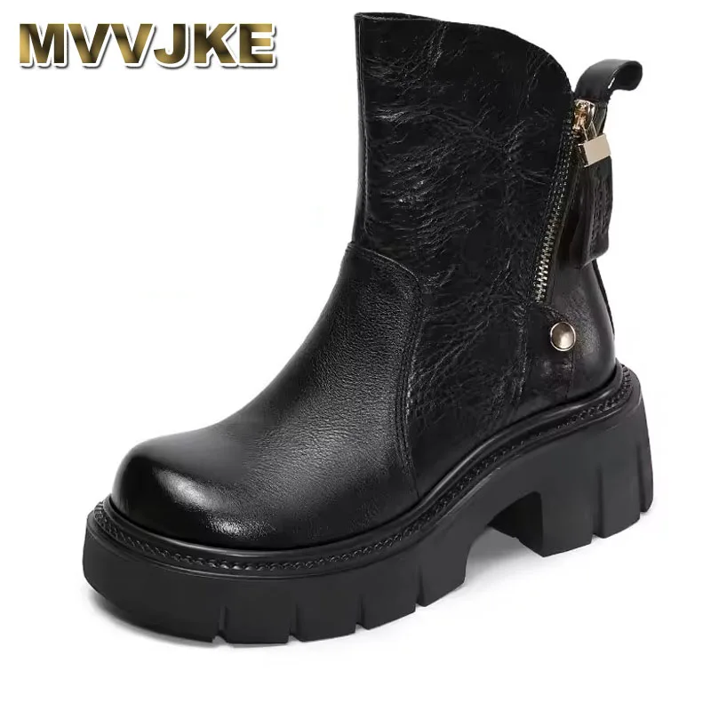 

British Style Women Thick High Heel Ankle Boots Handmade Retro Luxury Design Cow Genuine Leather Zipper Platform Boots