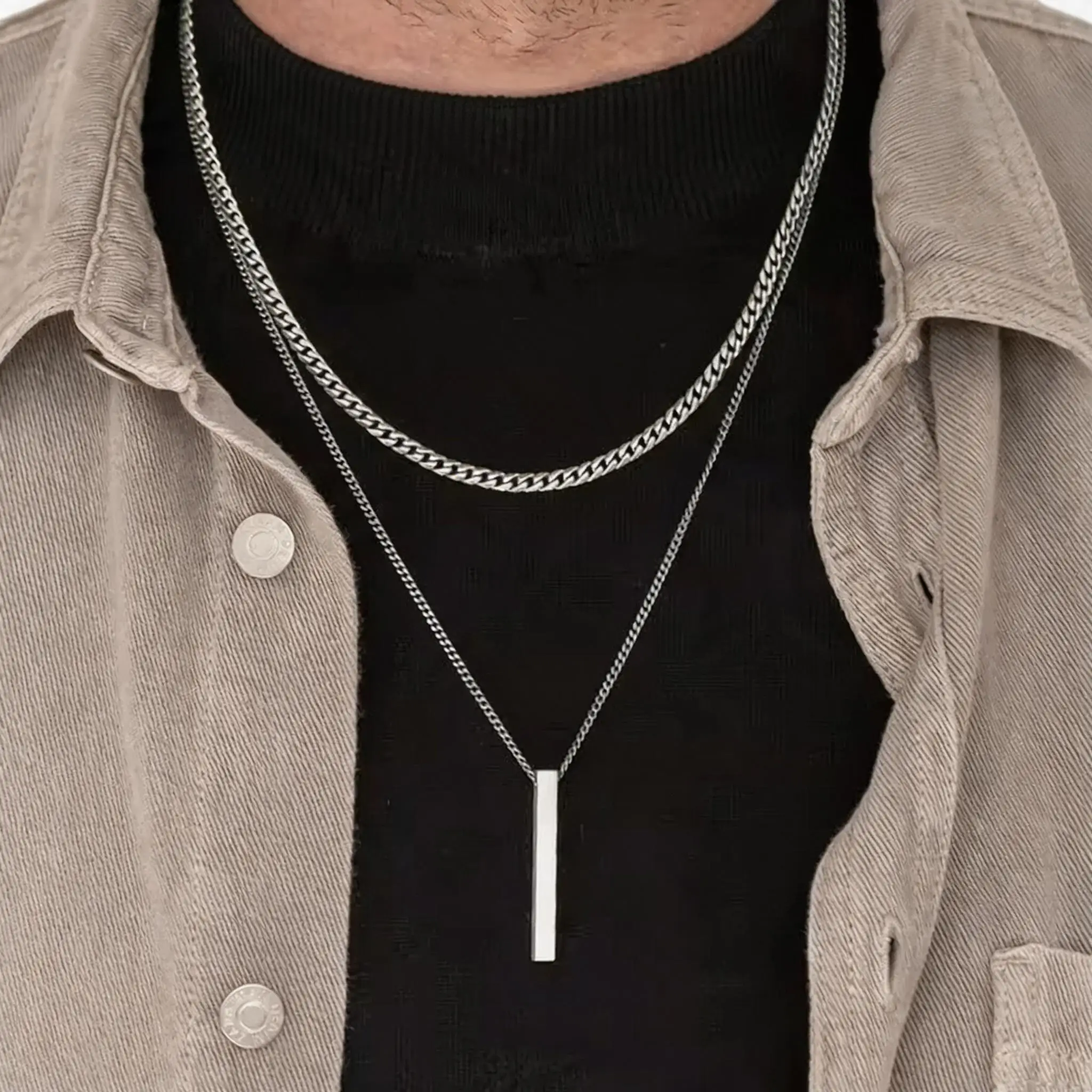 Vnox 3D Vertical Bar Necklace for Men Stainless Steel Geometric Pendant Layered Cuban Chain