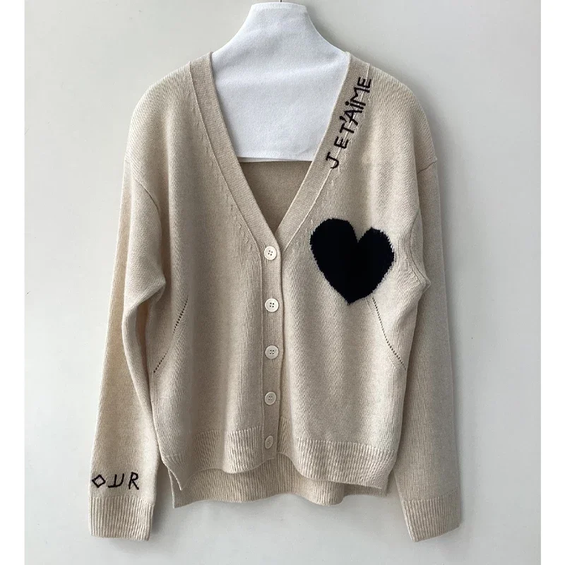 Heart Embroidery Women's Cashmere Cardigan Autumn Single Breasted V-Neck Long Sleeve Casual Ladies Knitted Sweater