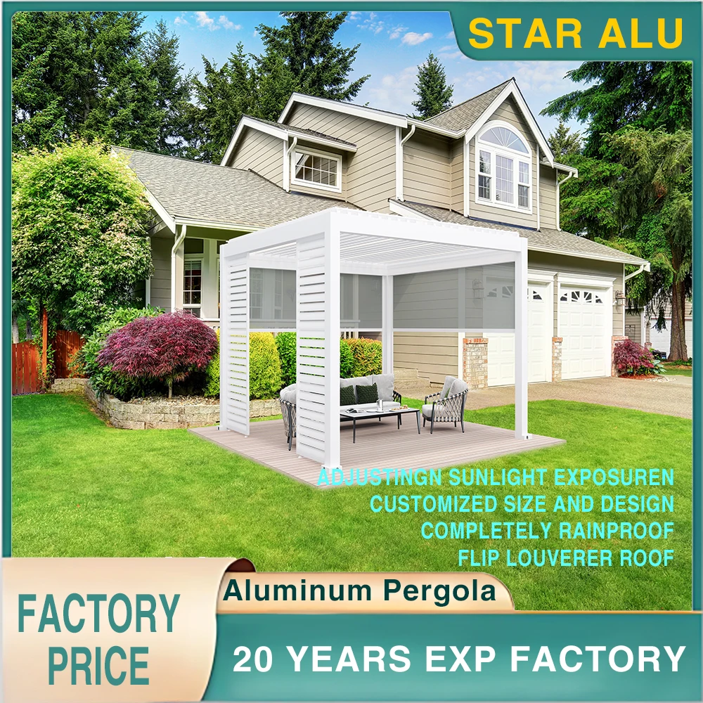 

Aluminum Outdoor Pergola with Fixed Glass Walls and Louvered Roof – Ideal for Luxurious Garden Shade or Terrace Lounge