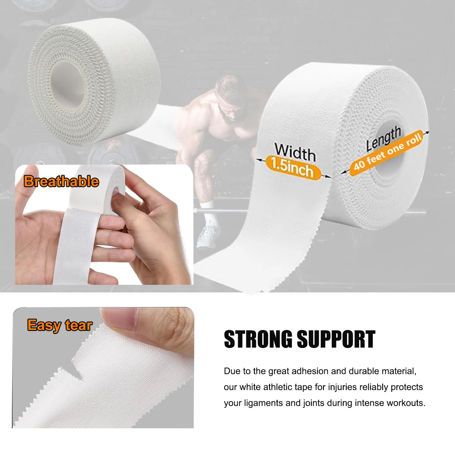1/6 قطعة شريط رياضي 1.5in شريط لاصق رياضي أبيض لا لزجة لا بقايا المعصم الكاحل الشريط للجمباز الملاكمة لاكروس #2