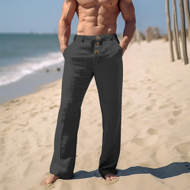 Pantaloni dritti con bottoni Vintage pantaloni da spiaggia traspiranti sottili in lino di cotone da uomo 2024 primavera estate nuovi pantaloni Casual in tinta unita