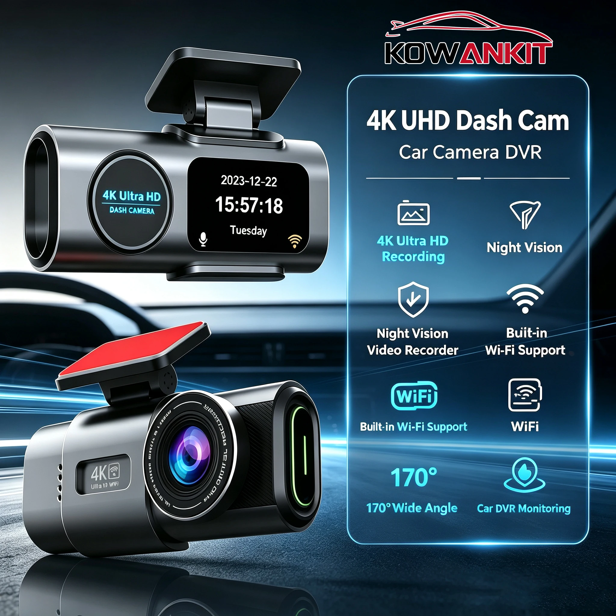 kowankit 24H Night Vision Dash Cam 4K UHD Recording Car Camera DVR Night Vision Video Recorder Built-In Wi-Fi Support