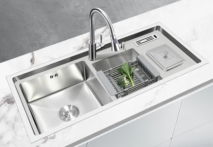 Factory Supply Sinki Lembangan Double Bowl Kitchen Sink Handmade 304 Steel Bowl with Drainer Retail Wholesale Price-10245