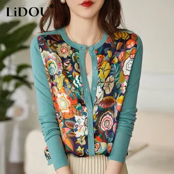 2023 Frühling Herbst Rundhals Mode druck Pullover Frauen High Street lässig Langarm Knopf All-Match elegante Strickjacke