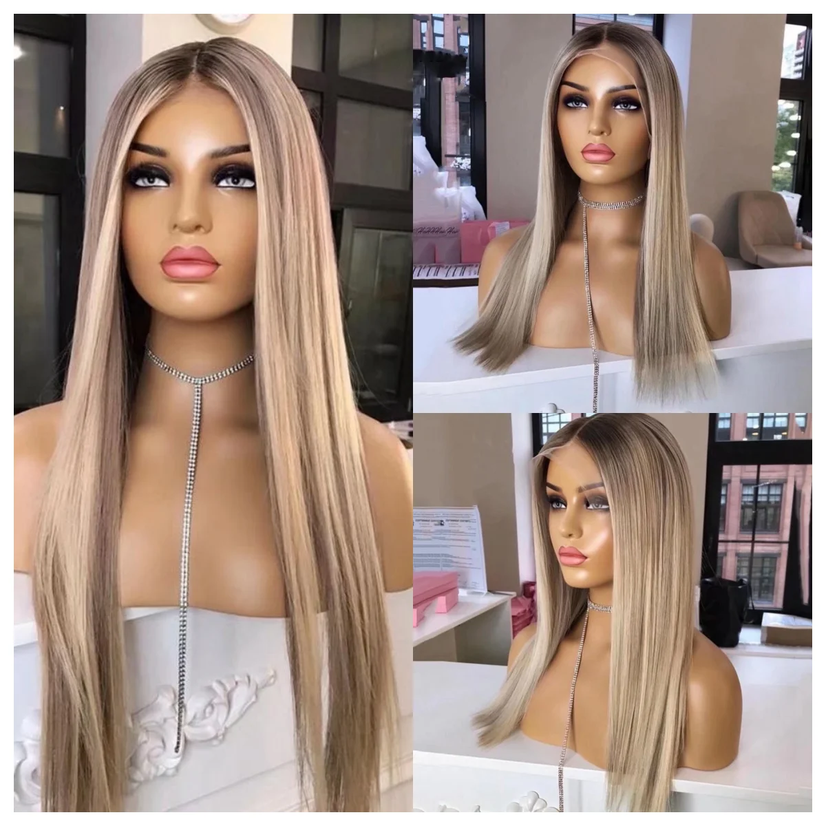 

Silky Straight Highlight Ombre Blonde 13x6 Lace Front Human Hair Wigs Dark Roots HD Transparent Lace Glueless Baby Hair 13x4Lace