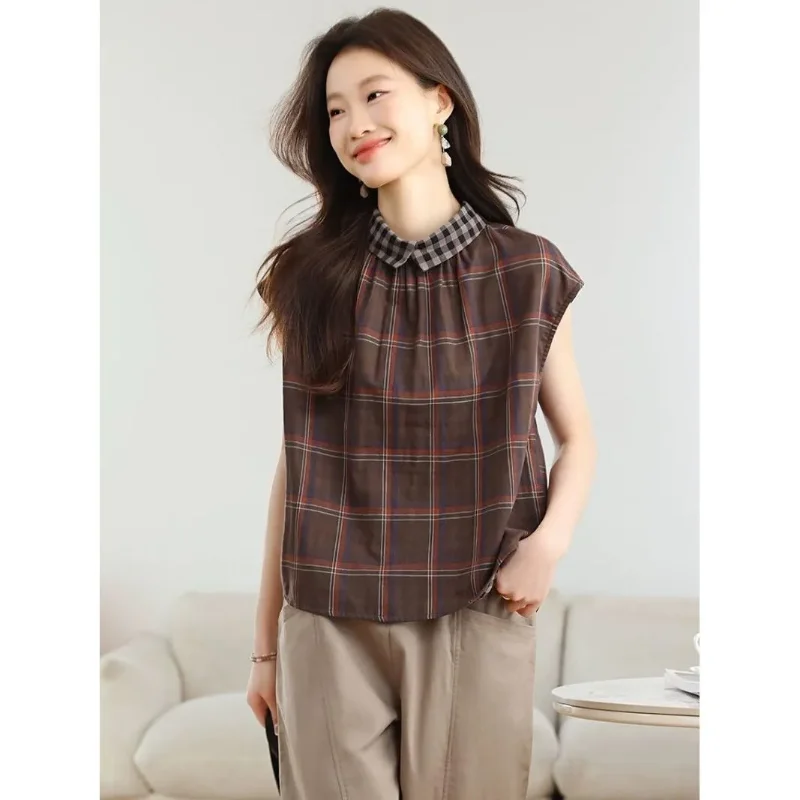 Summer New Style Exquisite All-match Short-sleeved Checkered T-shirt New Style Loose and Casual Elegant Fashion Sleeveless ToP
