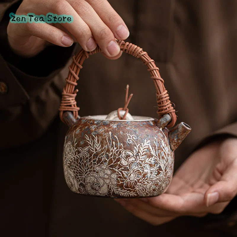 Compound Ancient Rock Mud Flowers Silver Teapot Anti-ironing Rattan Woven Lifting Beam Pot Home Kung Fu Tea Set Teapot