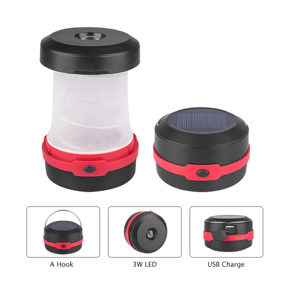 Lampu Kemah LED Lentera Bohlam Lampu Tenda Tenaga Surya Lipat untuk Backpacking Berkemah Mendaki Lampu Darurat Memancing (Merah)