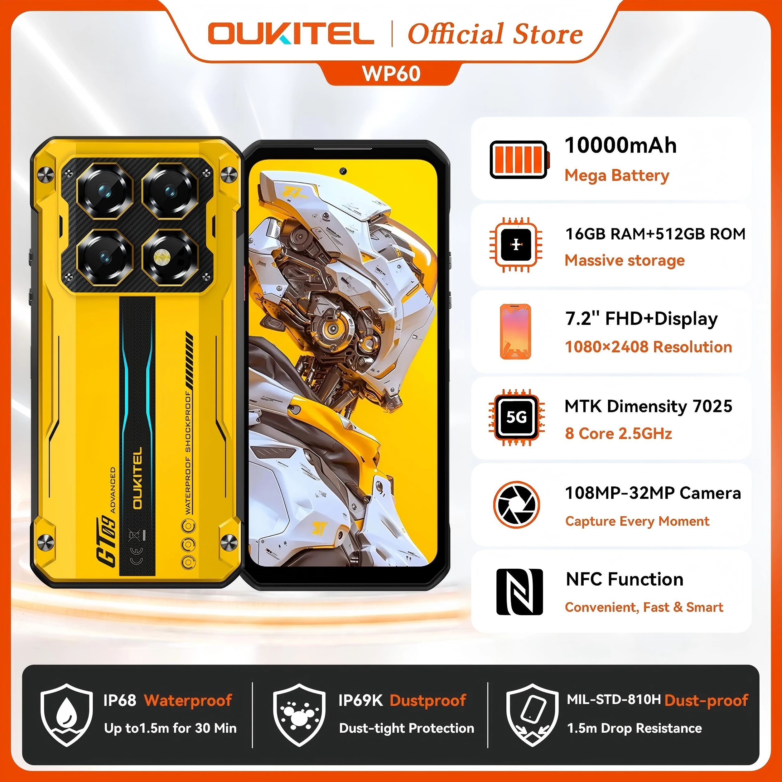 OUKITEL WP60 5G NFC Smartphone 10000mAh 48GB(16+32) +512GB, MTK 7025 Android 15 Rugged Phone, 108MP Camera, 120Hz