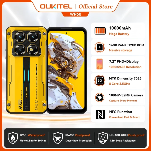 OUKITEL WP60 5G NFC Smartphone 10000mAh 48GB(16+32) +512GB, MTK 7025 Android 15 Rugged Phone, 108MP Camera, 120Hz OUKITEL WP60 5G NFC Smartphone 10000mAh 48GB(16+32) +512GB, MTK 7025 Android 15 Rugged Phone, 108MP Camera, 120Hz