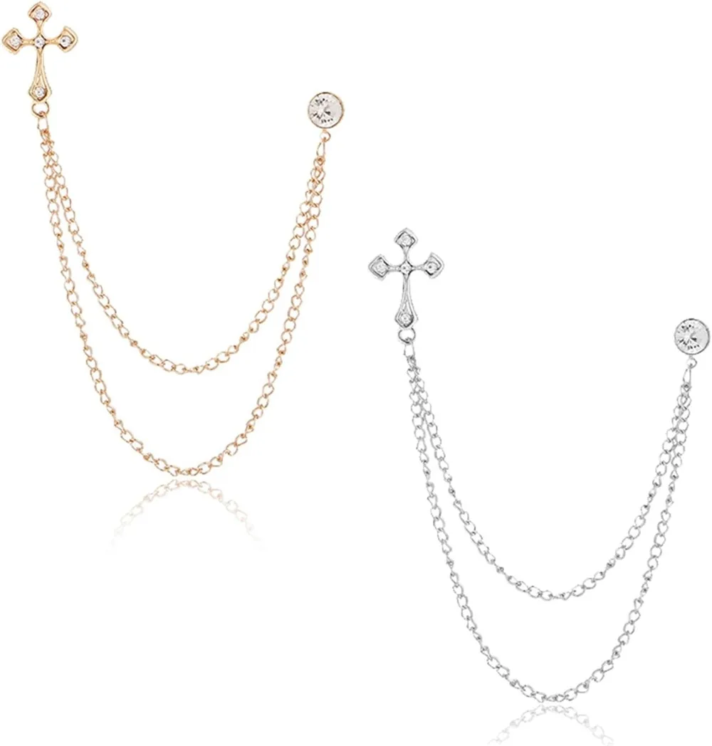 

Набор из 2 хрустальных подвесных брошей-цепочек — винтажные булавки с короной и крестом из золота/серебра для костюмов, шляп и сумок