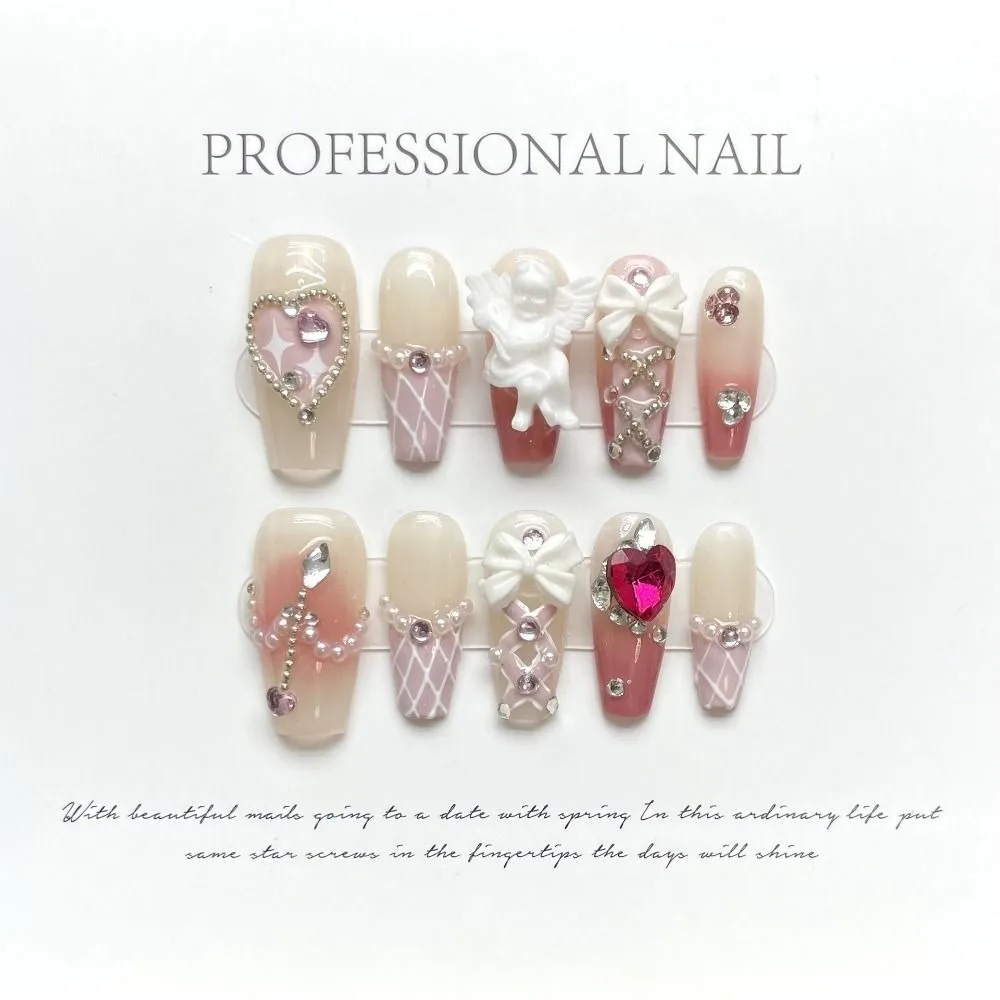

3D Effect Pearl Handmade Press On Nails Bow Love Pattern Glitter Fake Nail Full Cover with Jelly Stickers False Nail