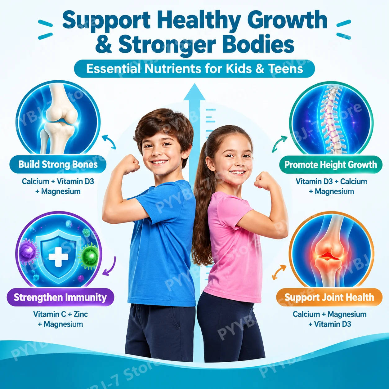 Kids Height Growth Gummies Strong Bones & Immune Calcium Vitamin D3 Zinc Magnesium Bone Strength Blend for Teens Adults 60Ct