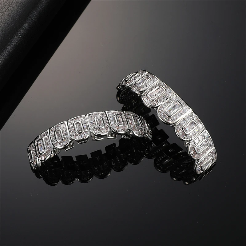 Hip Hop Full Baguette CZ Stones Teeth Grillz Caps Cubic Zircon Iced Out Micro Pave Top&Bottom Charm Grills For Men Women Jewelry