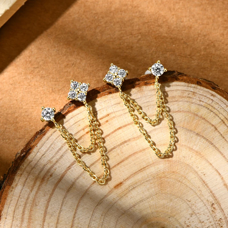 Lnngy 925 Sterling Silber Doppel Ohrstecker Kette Quaste Ohrringe Zertifiziert 3mm & 2mm Blume Moissanit Tropfen Ohrring für Frauen Geschenk – Detail 4