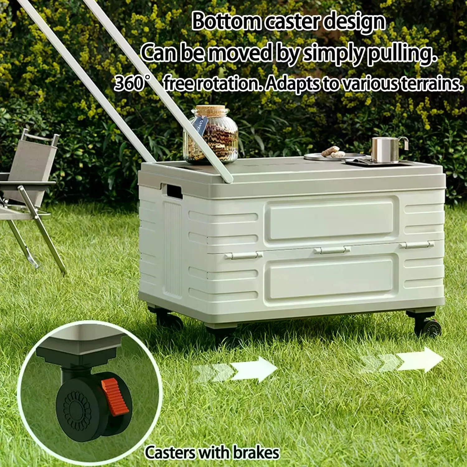 Foldable Rolling Storage Cart with Pull Handle & Wooden Lid and 360° Swivel Wheels, Wheeled Utility Shopping Cart, Collapsible Plastic Organizer Bin for Grocery, Camping, Home Storage Moving