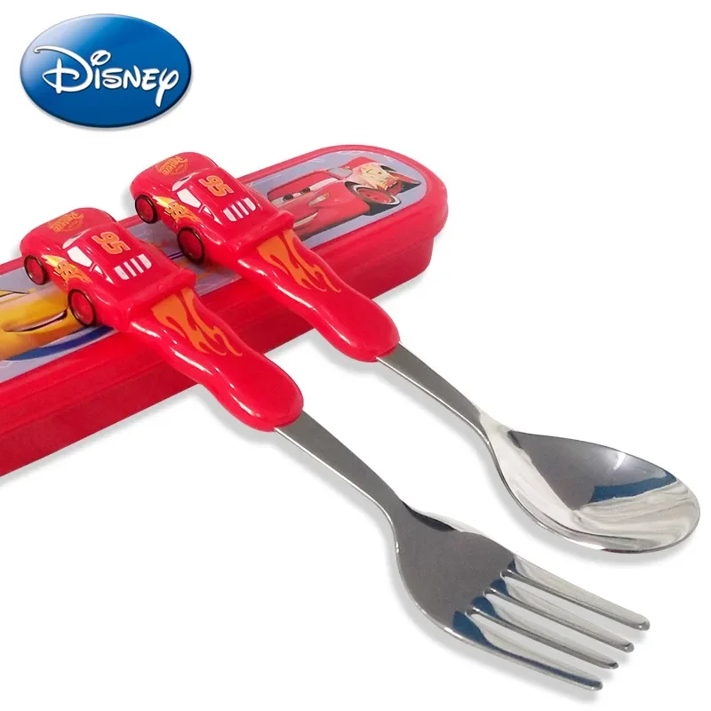 Juego de cubiertos DisneyCarLightning McQueen, caja de tenedor y cuchara de acero inoxidable 304 con dibujos animados animados, juguetes de regalo de Navidad 3D para niños
