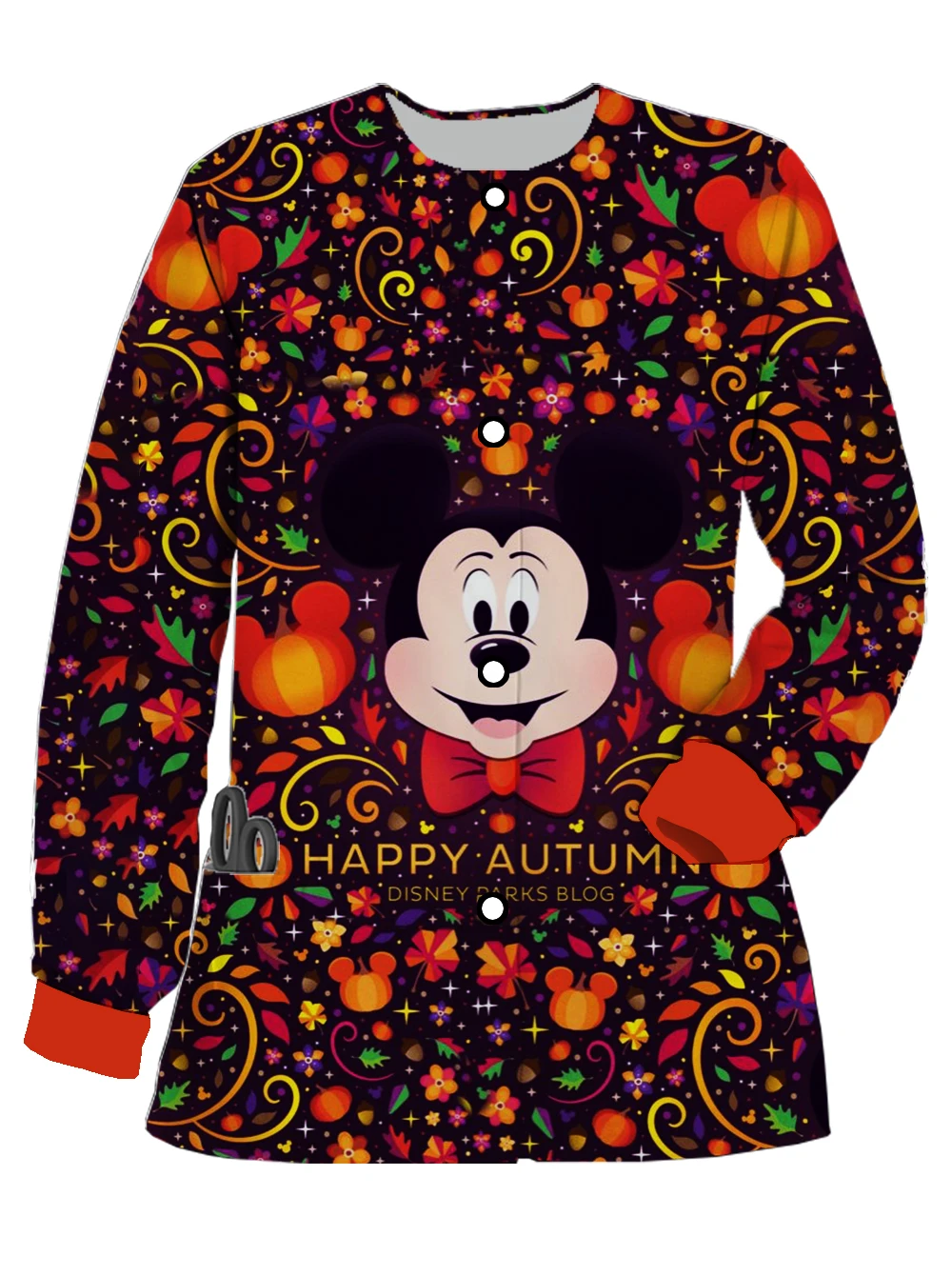 

Disney Christmas printed women's pocket cardigans, round-neck long-sleeved tops, medical work uniforms, nursing clothes